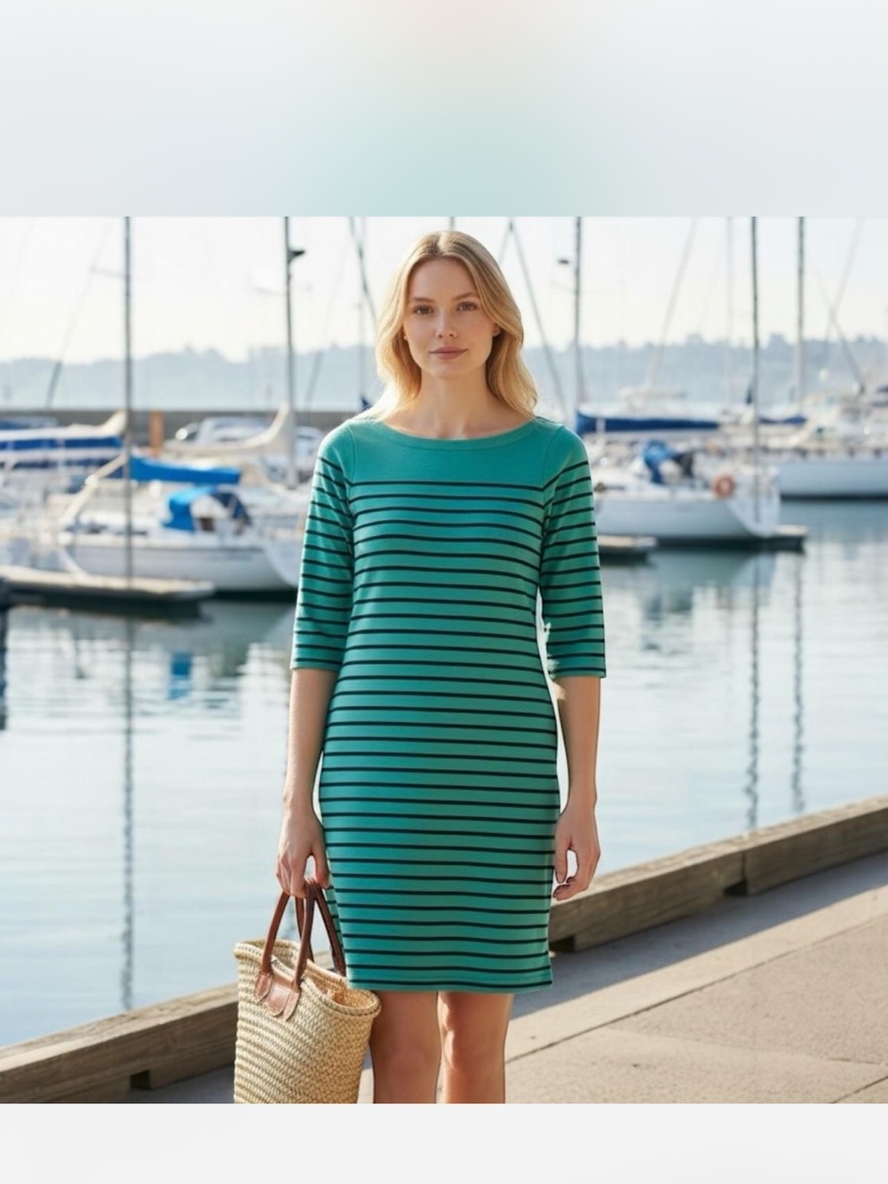 L.L. Bean Heritage Mariner Dress Women's M Reg Glacier Teal/Navy Striped Coastal